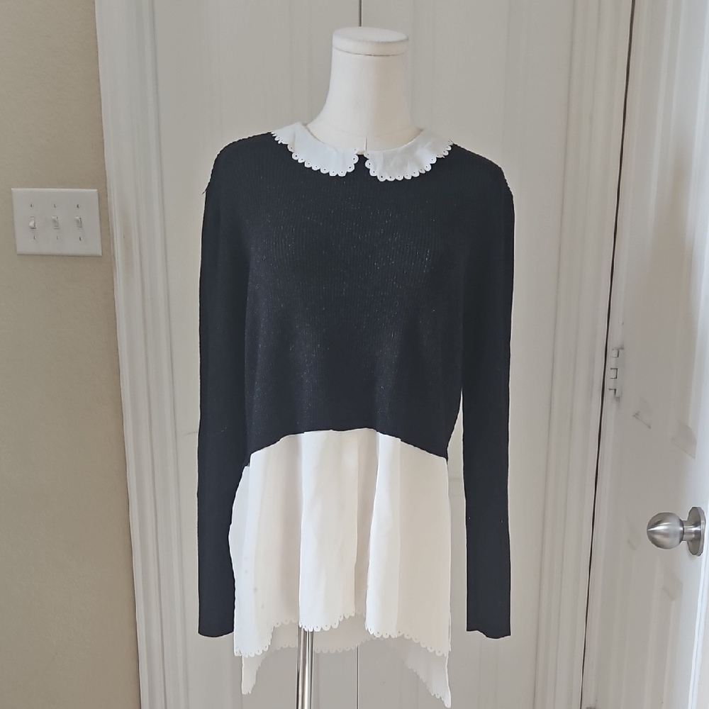 ELLE Long Sleeve Collard Black and White Sweater Shirt Size Medium